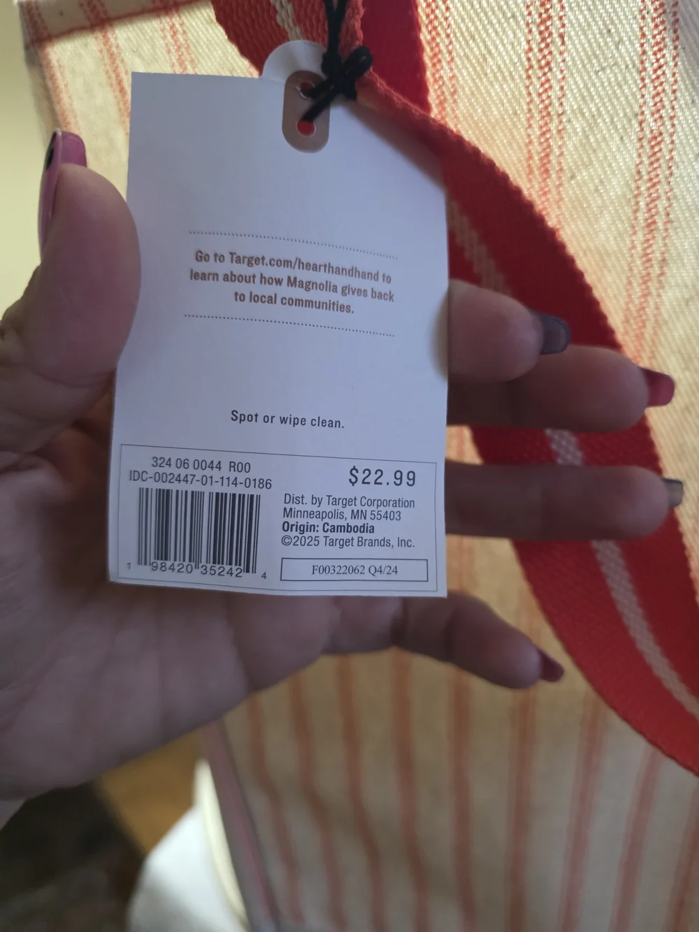 Hearth & Hand Cream Canvas Tote with Red Striped Handles